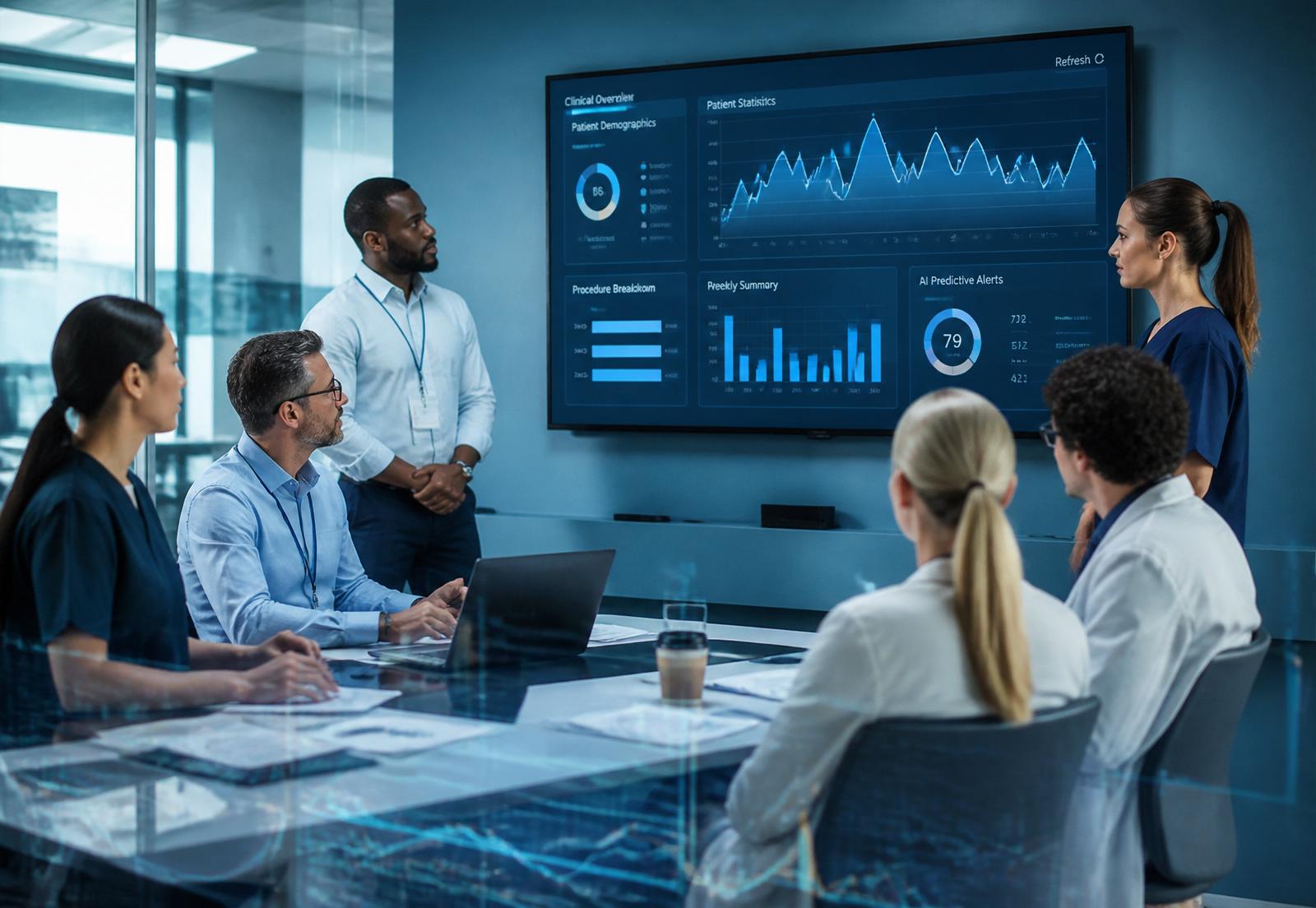 Healthcare professionals and analysts reviewing clinical data visualizations
